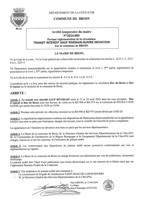 Arrêté voirie pour la déviation de RD996
