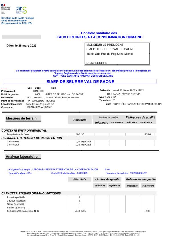 Rapport Analyse Eau potable 28 Mars 2023 - magny les aubigny
