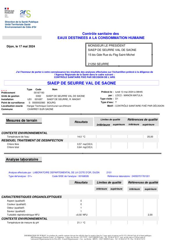 Analyses eau captage Magny Les Aubigny 21 05 2024