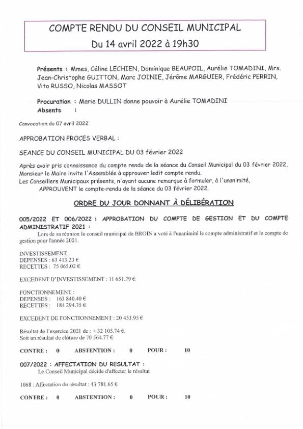 Compte rendu du Conseil Municipal du 14 Avril 2022 Compte rendu du Conseil Municipal du 14 Avril 2022