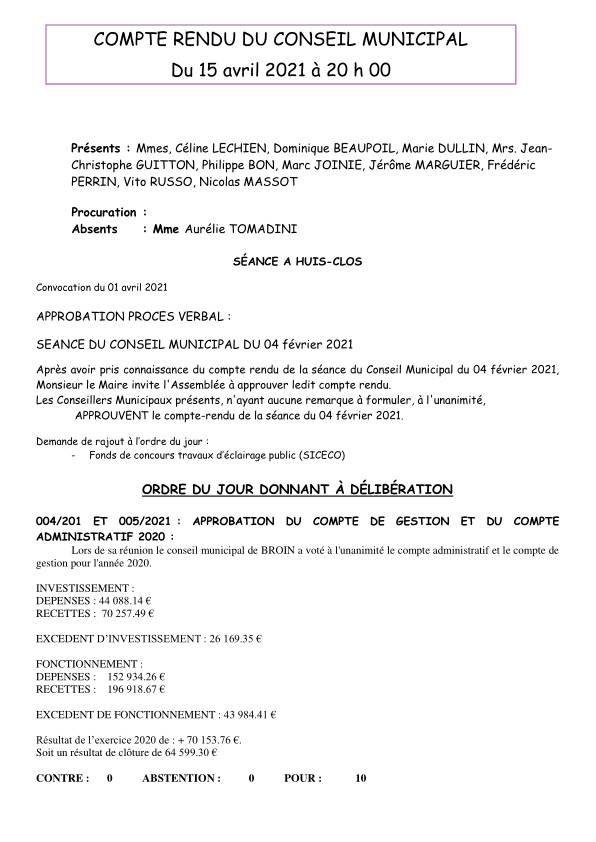 Compte rendu du conseil municipal de Broin du 15 Avril 2021 Compte rendu du conseil municipal de Broin du 15 Avril 2021