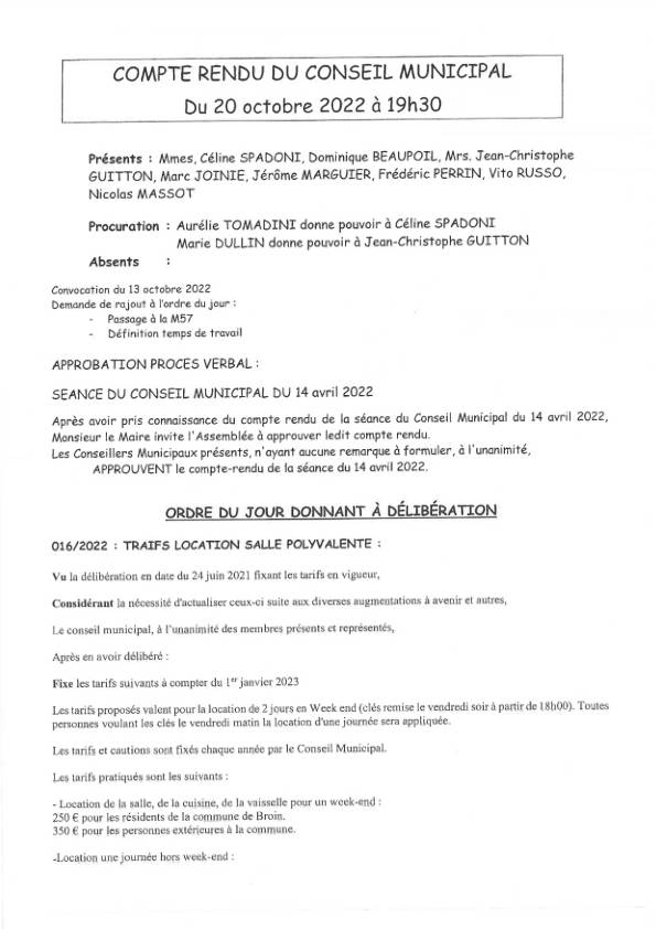 Compte rendu de Conseil Municipal 20 Octobre 2022 19h30 Compte rendu de Conseil Municipal 20 Octobre 2022 19h30