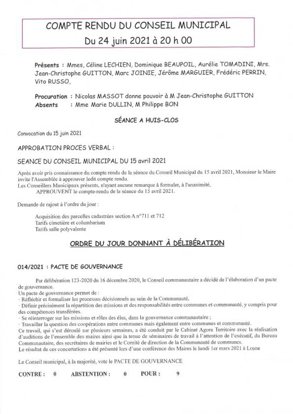 Compte rendu du conseil municipal du 24 Juin 2021 Compte rendu du conseil municipal de Broin du 24 Juin 2021