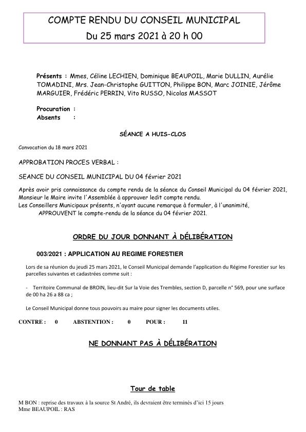 Compte rendu du conseil municipal de Broin du 25 Mars 2021 Compte rendu du conseil municipal de Broin du 25 Mars 2021