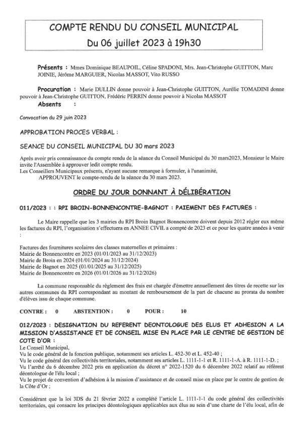 Compte rendu conseil Municipal du 06 Juillet 2023 Compte rendu conseil Municipal du 06 Juillet 2023
