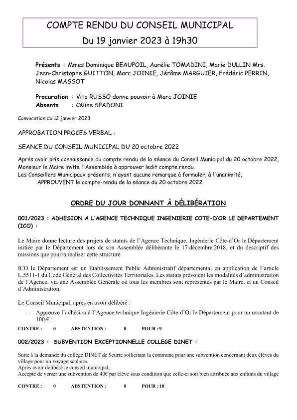 Compte rendu de Conseil Municipal du 19 Janvier 2023 Compte rendu de Conseil Municipal du 19 Janvier 2023