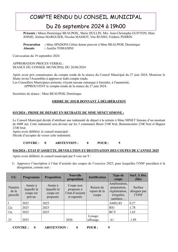 Compte rendu conseil Municipal du 26 Septembre 2024