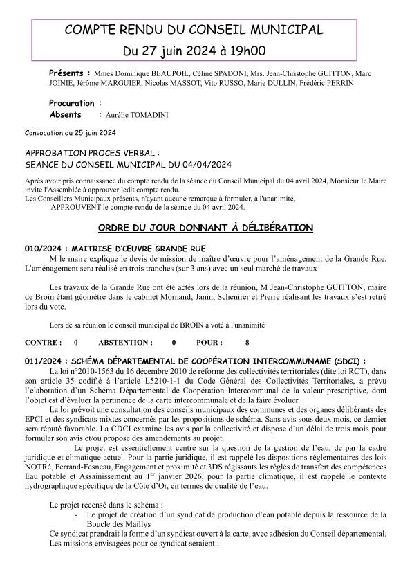 Compte rendu conseil municipal du 27/06/2024