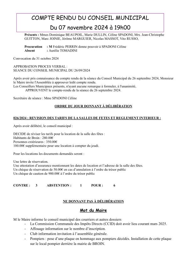 Compte rendu conseil Municipal du 07 Novembre 2024