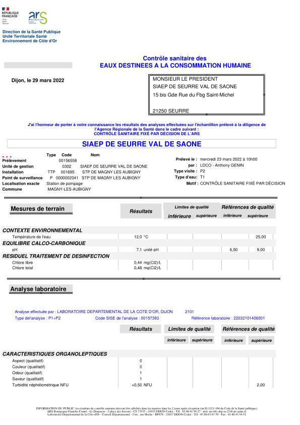 Analyse eau captage - Magny-Lès-Aubigny - 29/03/2022