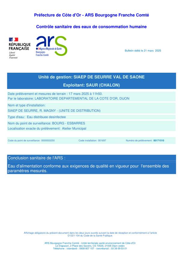 Controle Sanitaire Préfecture - ARS -  Eau potable 17.03.2025