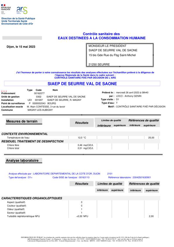 Analyses eau captage Magny Les Aubigny 15 05 2023